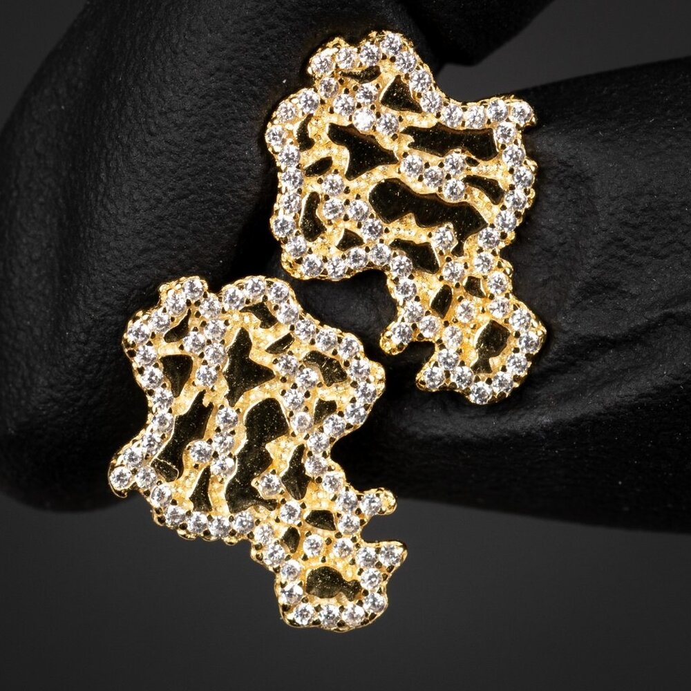 Men's Yellow Gold Plated Diamond Cut Nugget Hip Hop Screw Back Earrings